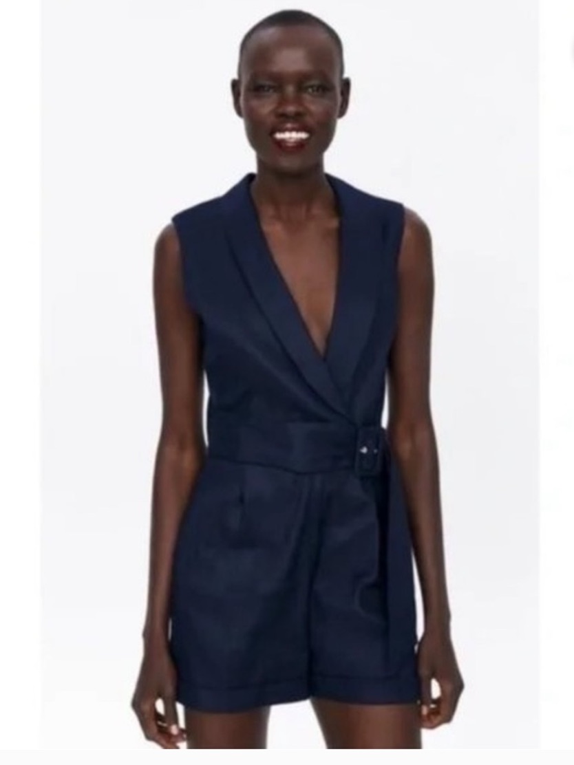 Navy Sleeveless V-Neck Belted Romper